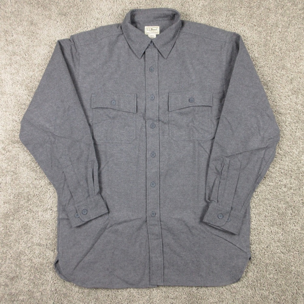 LL Bean Shirt Mens Medium Gray Solid Chamois Cloth Flannel Workwear Button Up